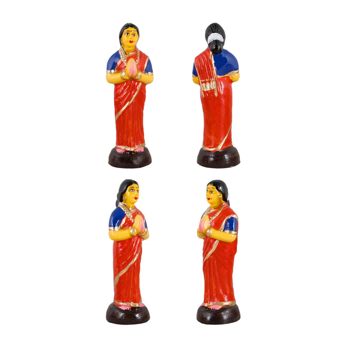 Tulasi Maadam With Women Clay Golu Bommai Set - 6 x 2.5 Inches | Giri Golu Doll/ Navaratri Golu Bomma/Gombe