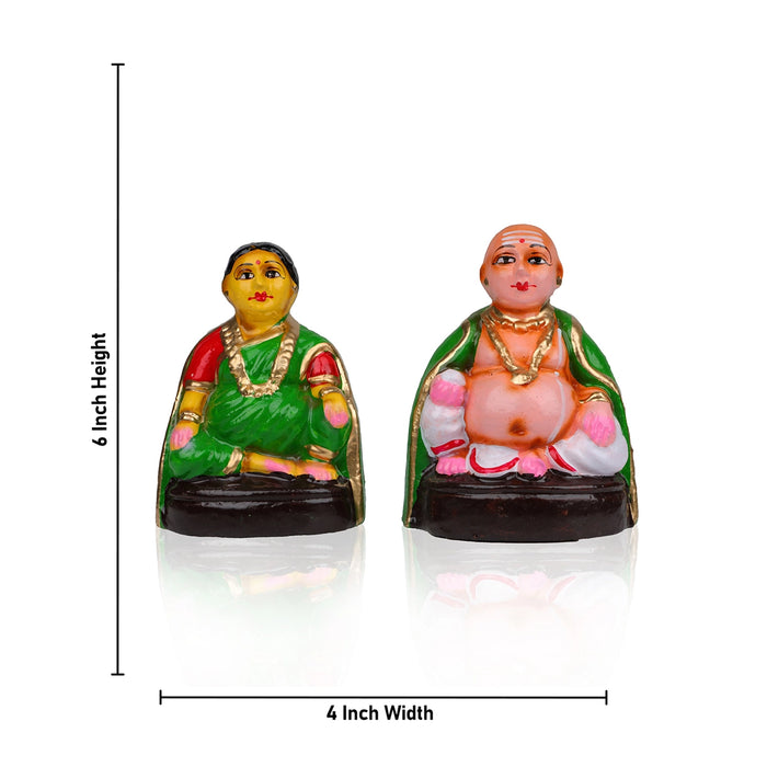 Chettiyar Chettichi Clay Golu Bommai Pair - 6 x 4 Inches | Giri Golu Doll/ Navaratri Golu Bomma/ Gombe