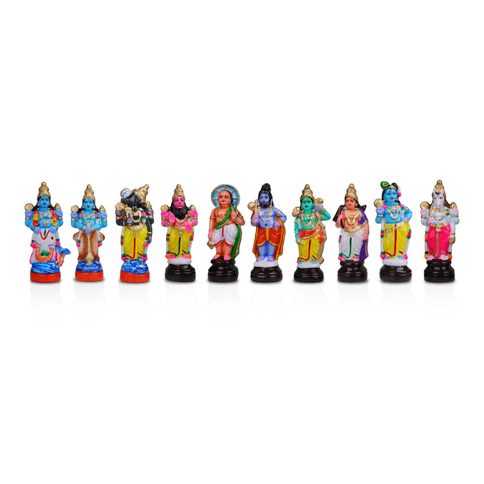 Dasavatharam Clay Golu Bommai Set - 8 x 3 Inches | Giri Golu Doll/ Navaratri Golu Bomma/Gombe/Bommai