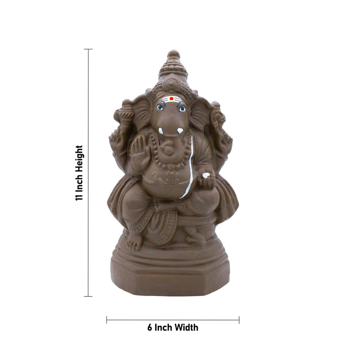 Ganesha Sitting on Base Murti - 11 x 6 Inches | Clay Idol/ Ganapati Statue For Pooja & Vinayagar Chaturthi