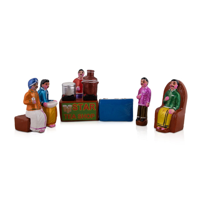 Tea Shop Clay Golu Bommai Set - 7 x 3 Inches | Giri Golu Doll/ Navaratri Golu Bomma/Gombe/Bommai