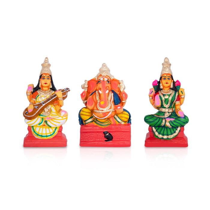 Lakshmi Ganesh Saraswati Idol Clay Golu Bommai Set - 10 X 5 Inches | Navaratri Golu Gombe/ Giri Golu Doll