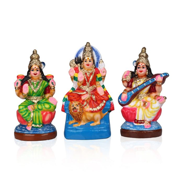 Durga Lakshmi Saraswathi Clay Golu Bommai Set - 8 Inches | Giri Golu Doll/ Navaratri Golu Bomma/Gombe/Bommai