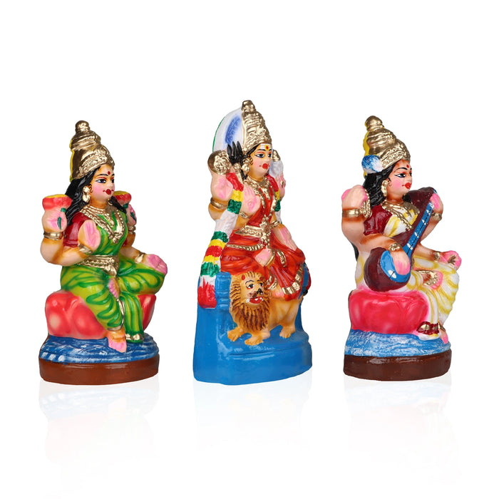 Durga Lakshmi Saraswathi Clay Golu Bommai Set - 8 Inches | Giri Golu Doll/ Navaratri Golu Bomma/Gombe/Bommai
