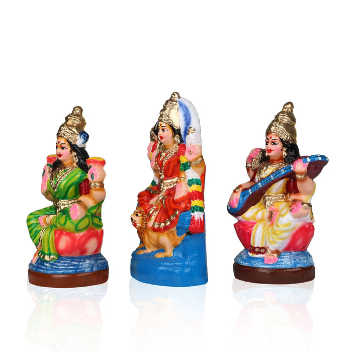 Durga Lakshmi Saraswathi Clay Golu Bommai Set - 8 Inches | Giri Golu Doll/ Navaratri Golu Bomma/Gombe/Bommai