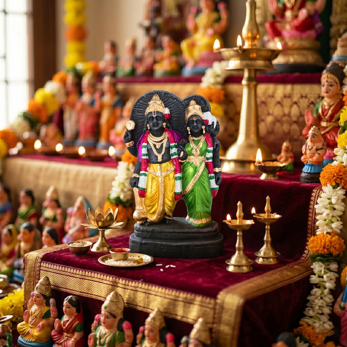 Vishnu Lakshmi Clay Golu Bommai - 10 x 5.5 Inches | Giri Golu Doll/ Navaratri Golu Bomma/ Bommai