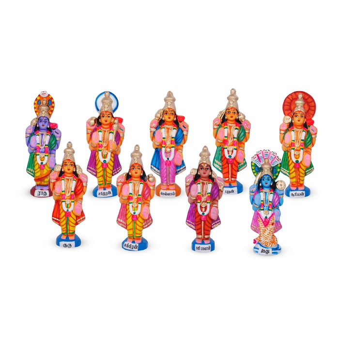 Navagraha Idol Clay Golu Bommai Set- 10 X 3.5 Inches | Navaratri Golu Gombe/Giri Golu Doll/ Navratri Decoration