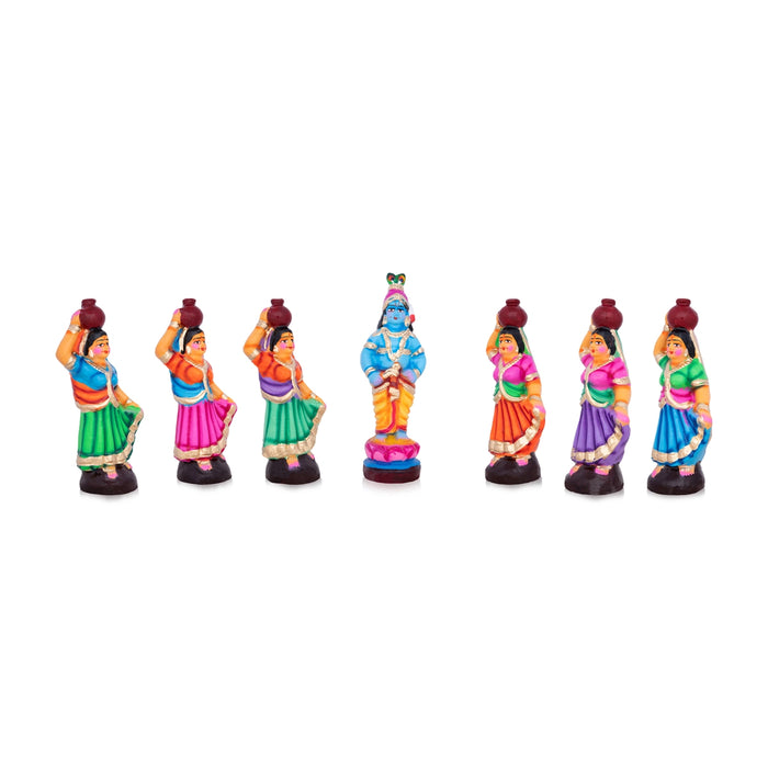 Krishna with Gopishri Clay Golu Bommai Set - 8.5 x 2.5 Inches | Giri Golu Doll/ Navaratri Golu Bomma/Gombe