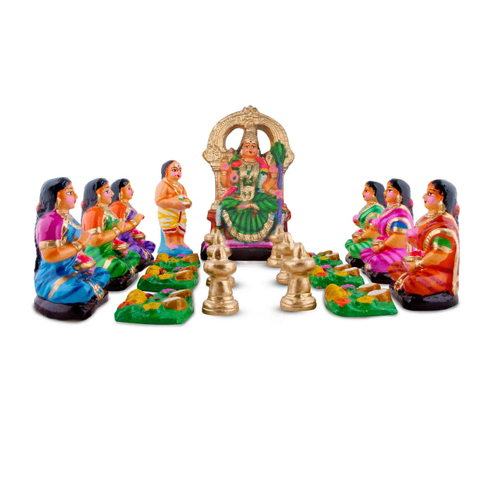 Kamakshi Vilakku Pooja Clay Golu Bommai Set - 10 x 5.5 Inches | Giri Golu Doll/ Navaratri Golu Bomma/Gombe/Bommai