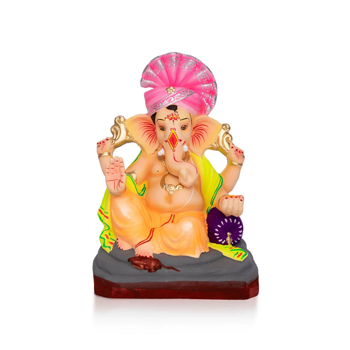 Sitting Ganesh Murti- 8 x 4.5 Inches | Clay Sculpture/Right Trunk Vinayaka Statue With Diwan/ Ganapati Chaturthi