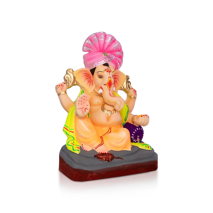 Sitting Ganesh Murti- 8 x 4.5 Inches | Clay Sculpture/Right Trunk Vinayaka Statue With Diwan/ Ganapati Chaturthi