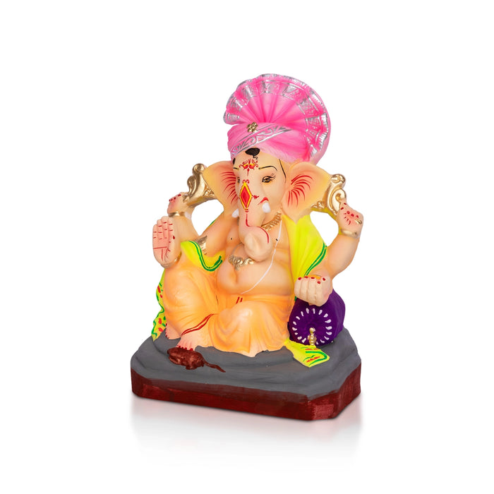 Sitting Ganesh Murti- 8 x 4.5 Inches | Clay Sculpture/Right Trunk Vinayaka Statue With Diwan/ Ganapati Chaturthi
