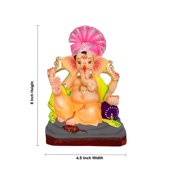 Sitting Ganesh Murti- 8 x 4.5 Inches | Clay Sculpture/Right Trunk Vinayaka Statue With Diwan/ Ganapati Chaturthi