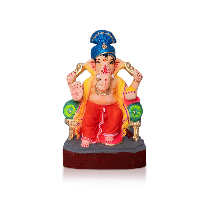 Sitting Ganesh Murti- 8 x 4.5 Inches | Clay Sculpture/ Vinayaka Statue With Turban/ Ganapati Chaturthi