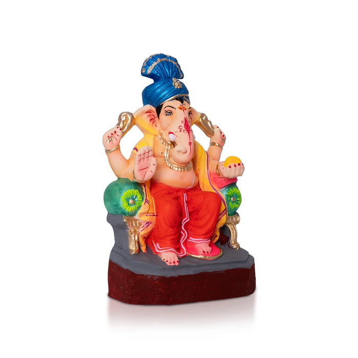 Sitting Ganesh Murti- 8 x 4.5 Inches | Clay Sculpture/ Vinayaka Statue With Turban/ Ganapati Chaturthi