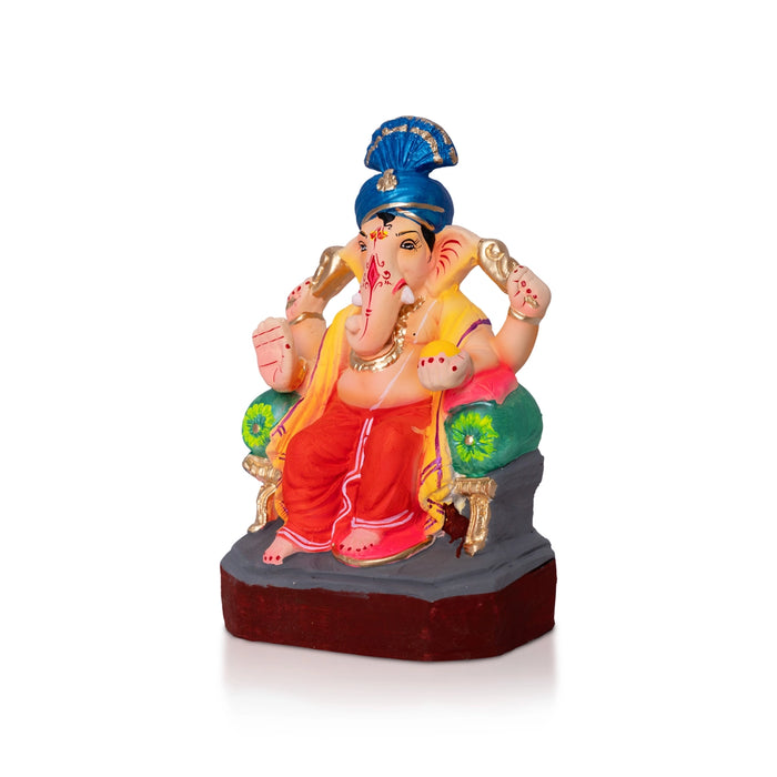 Sitting Ganesh Murti- 8 x 4.5 Inches | Clay Sculpture/ Vinayaka Statue With Turban/ Ganapati Chaturthi