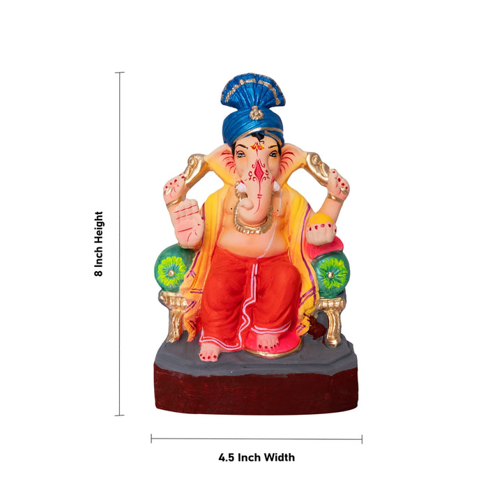 Sitting Ganesh Murti- 8 x 4.5 Inches | Clay Sculpture/ Vinayaka Statue With Turban/ Ganapati Chaturthi