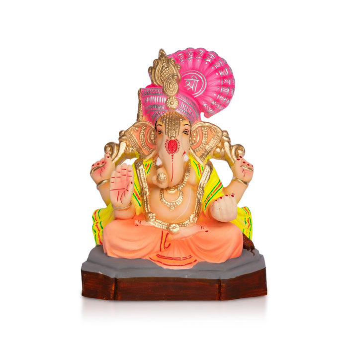 Sitting Ganesh Murti- 8 x 5.5 Inches | Clay Sculpture/ Vinayaka Statue With Crown/ Ganapati Chaturthi