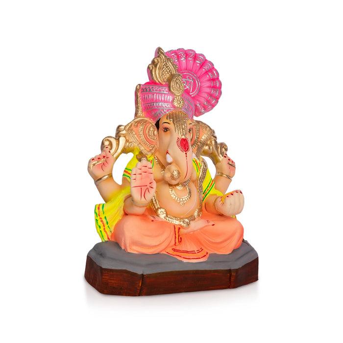 Sitting Ganesh Murti- 8 x 5.5 Inches | Clay Sculpture/ Vinayaka Statue With Crown/ Ganapati Chaturthi