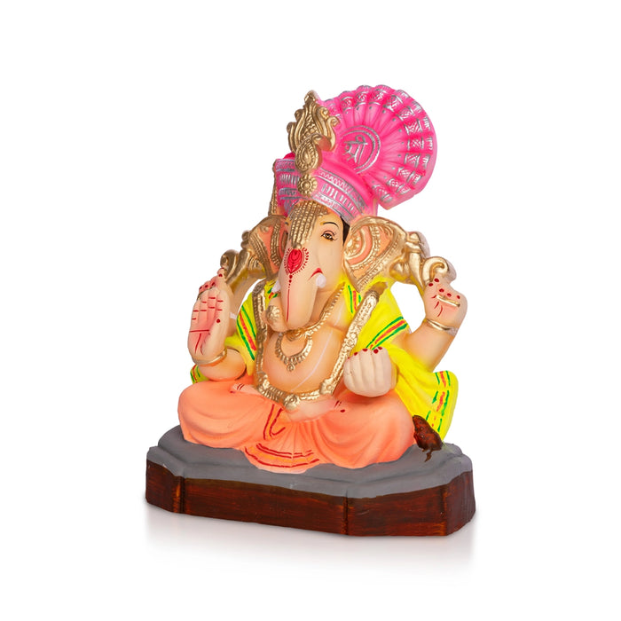 Sitting Ganesh Murti- 8 x 5.5 Inches | Clay Sculpture/ Vinayaka Statue With Crown/ Ganapati Chaturthi