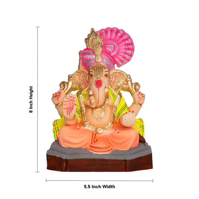 Sitting Ganesh Murti- 8 x 5.5 Inches | Clay Sculpture/ Vinayaka Statue With Crown/ Ganapati Chaturthi