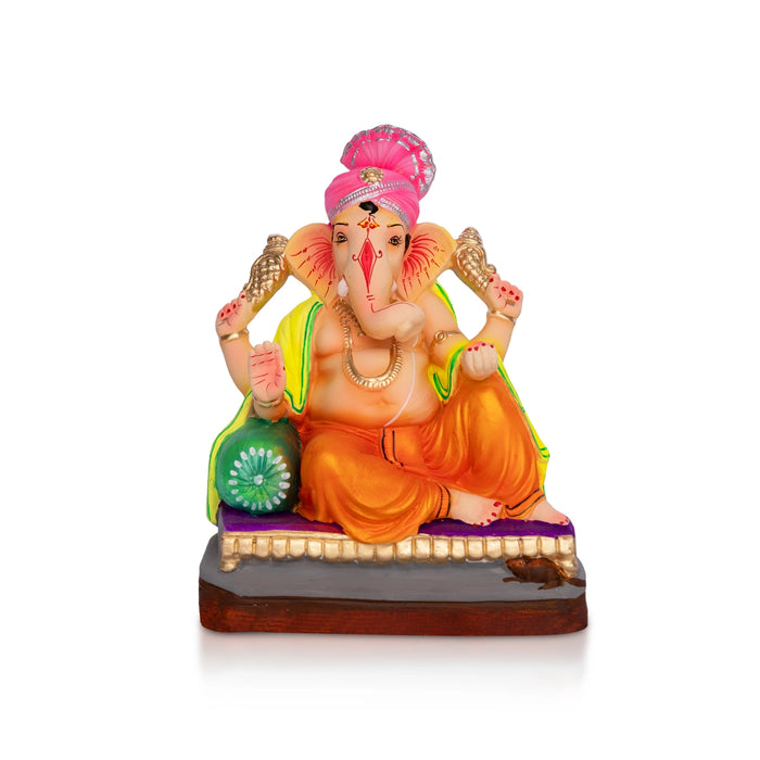 Sitting Ganesh Murti- 9 x 7 Inches | Clay Sculpture/ Left Trunk Vinayaka Statue With Crown/ Ganapati Chaturthi