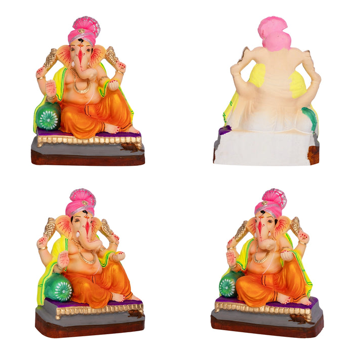 Sitting Ganesh Murti- 9 x 7 Inches | Clay Sculpture/ Left Trunk Vinayaka Statue With Crown/ Ganapati Chaturthi