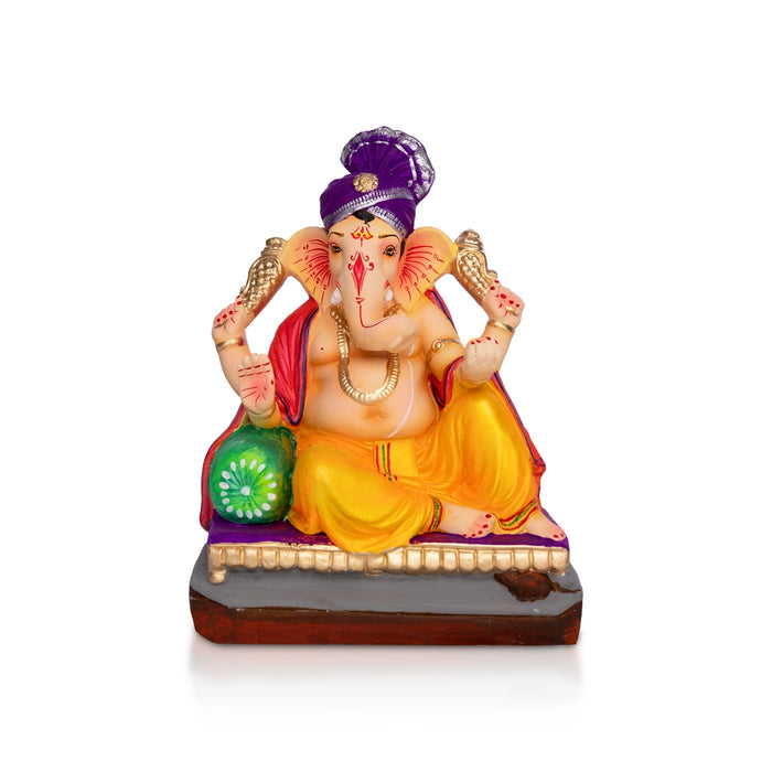 Sitting Ganesh Murti- 9 x 7 Inches | Clay Sculpture/ Left Trunk Vinayaka Statue With Crown/ Ganapati Chaturthi