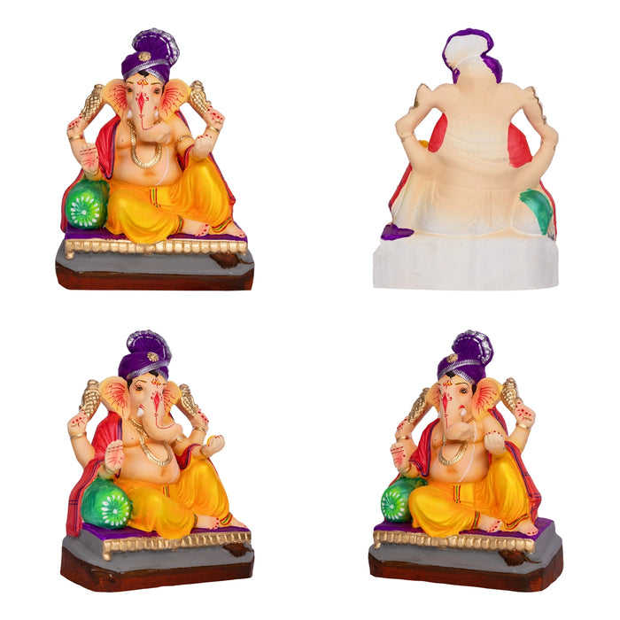 Sitting Ganesh Murti- 9 x 7 Inches | Clay Sculpture/ Left Trunk Vinayaka Statue With Crown/ Ganapati Chaturthi