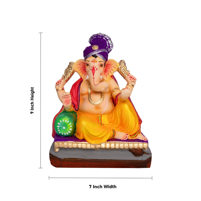 Sitting Ganesh Murti- 9 x 7 Inches | Clay Sculpture/ Left Trunk Vinayaka Statue With Crown/ Ganapati Chaturthi