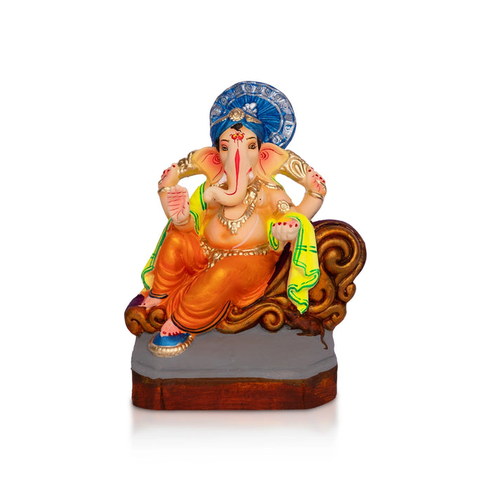 Sitting Ganesh Murti- 9 x 7 Inches | Clay Sculpture/ Right Trunk Vinayaka Statue With Crown/ Ganapati Chaturthi