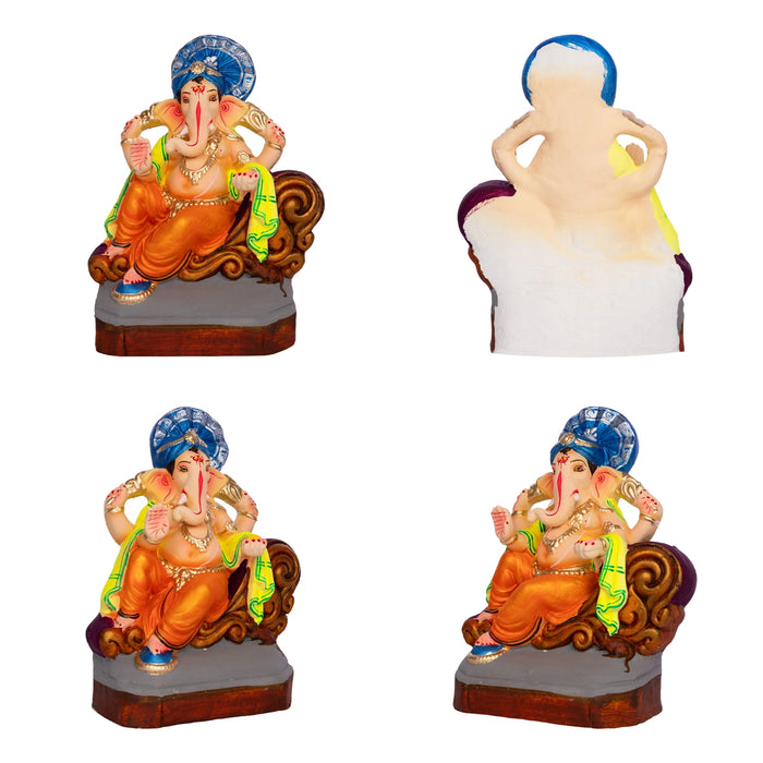 Sitting Ganesh Murti- 9 x 7 Inches | Clay Sculpture/ Right Trunk Vinayaka Statue With Crown/ Ganapati Chaturthi