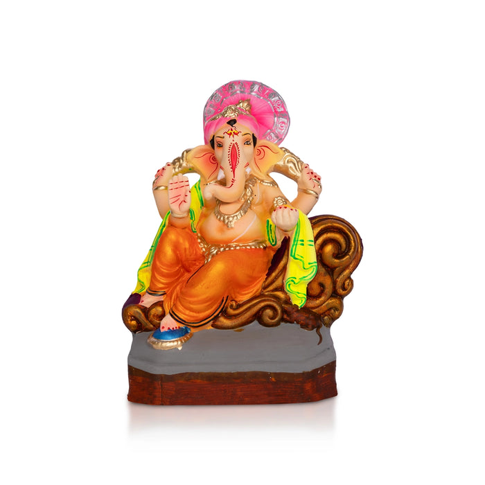 Sitting Ganesh Murti- 9 x 7 Inches | Clay Sculpture/ Right Trunk Vinayaka Statue With Crown/ Ganapati Chaturthi