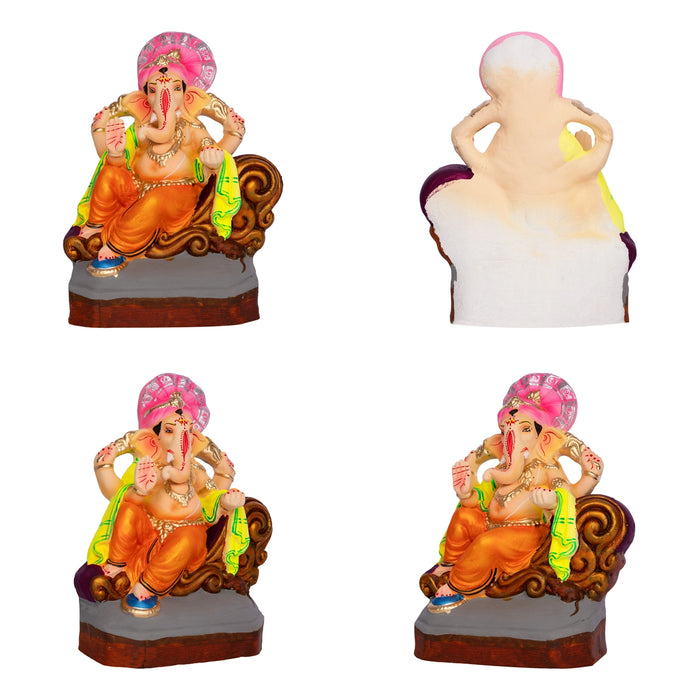 Sitting Ganesh Murti- 9 x 7 Inches | Clay Sculpture/ Right Trunk Vinayaka Statue With Crown/ Ganapati Chaturthi