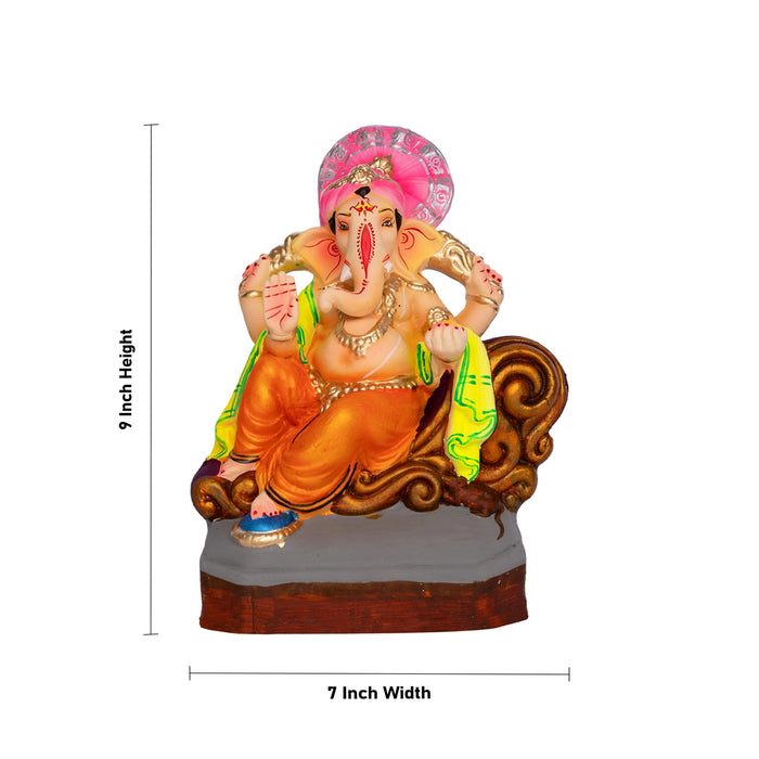 Sitting Ganesh Murti- 9 x 7 Inches | Clay Sculpture/ Right Trunk Vinayaka Statue With Crown/ Ganapati Chaturthi