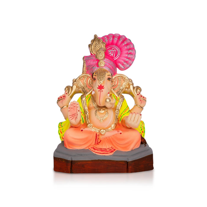 Sitting Ganesh Murti- 10 x 7.5 Inches | Clay Sculpture/Left Trunk Vinayaka Statue With Crown/ Ganapati Chaturthi