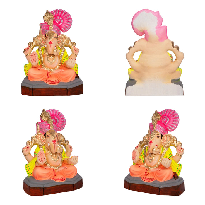Sitting Ganesh Murti- 10 x 7.5 Inches | Clay Sculpture/Left Trunk Vinayaka Statue With Crown/ Ganapati Chaturthi