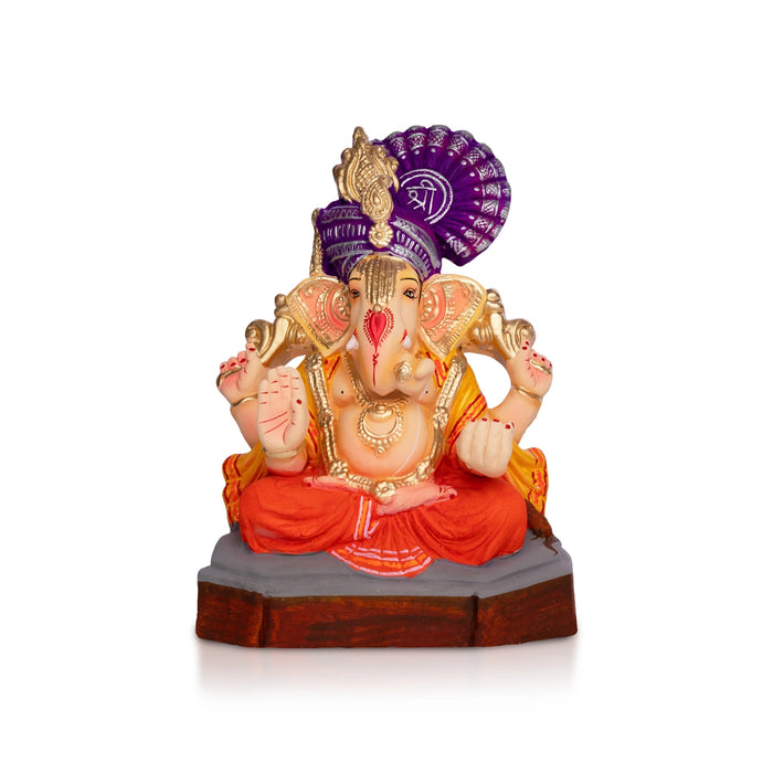 Sitting Ganesh Murti- 10 x 7.5 Inches | Clay Sculpture/Left Trunk Vinayaka Statue With Crown/ Ganapati Chaturthi