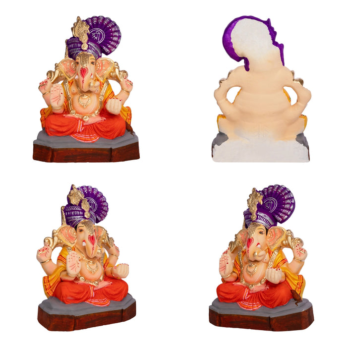 Sitting Ganesh Murti- 10 x 7.5 Inches | Clay Sculpture/Left Trunk Vinayaka Statue With Crown/ Ganapati Chaturthi