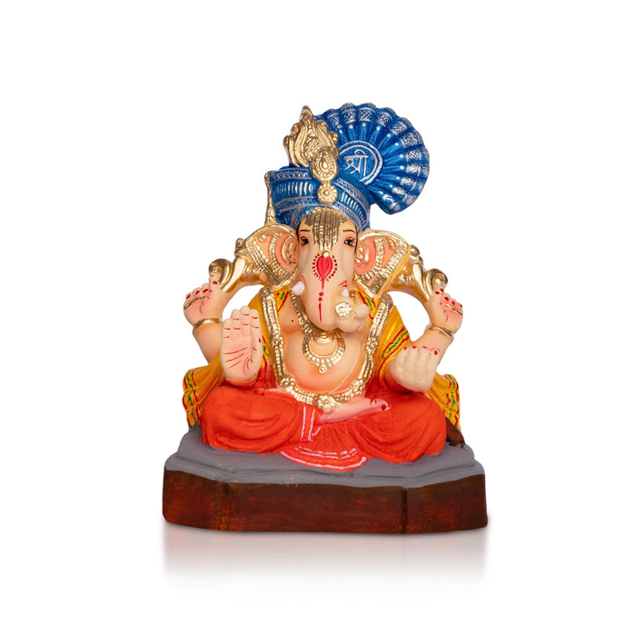 Sitting Ganesh Murti- 10 x 7.5 Inches | Clay Sculpture/Left Trunk Vinayaka Statue With Crown/ Ganapati Chaturthi