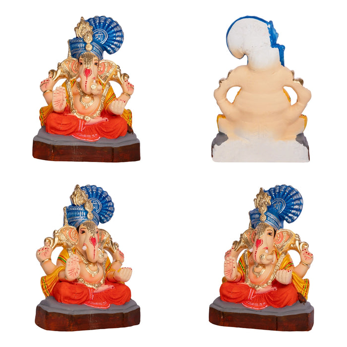 Sitting Ganesh Murti- 10 x 7.5 Inches | Clay Sculpture/Left Trunk Vinayaka Statue With Crown/ Ganapati Chaturthi