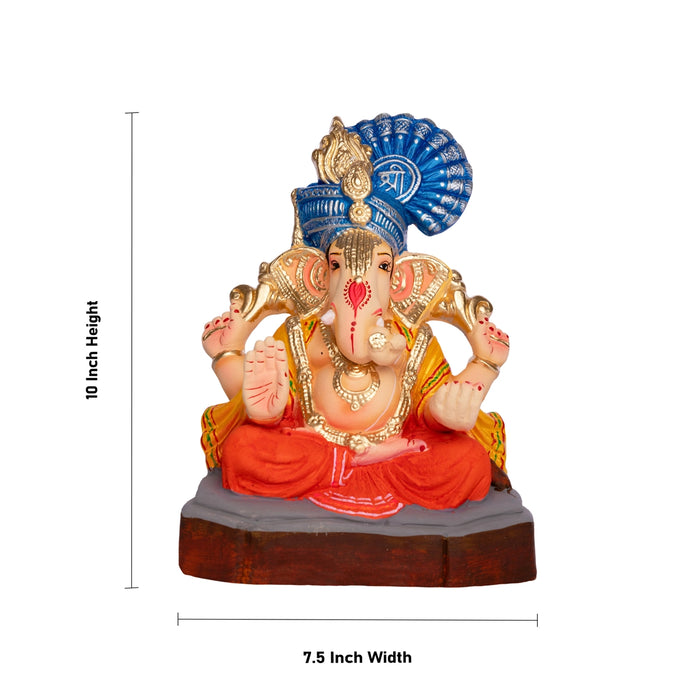 Sitting Ganesh Murti- 10 x 7.5 Inches | Clay Sculpture/Left Trunk Vinayaka Statue With Crown/ Ganapati Chaturthi