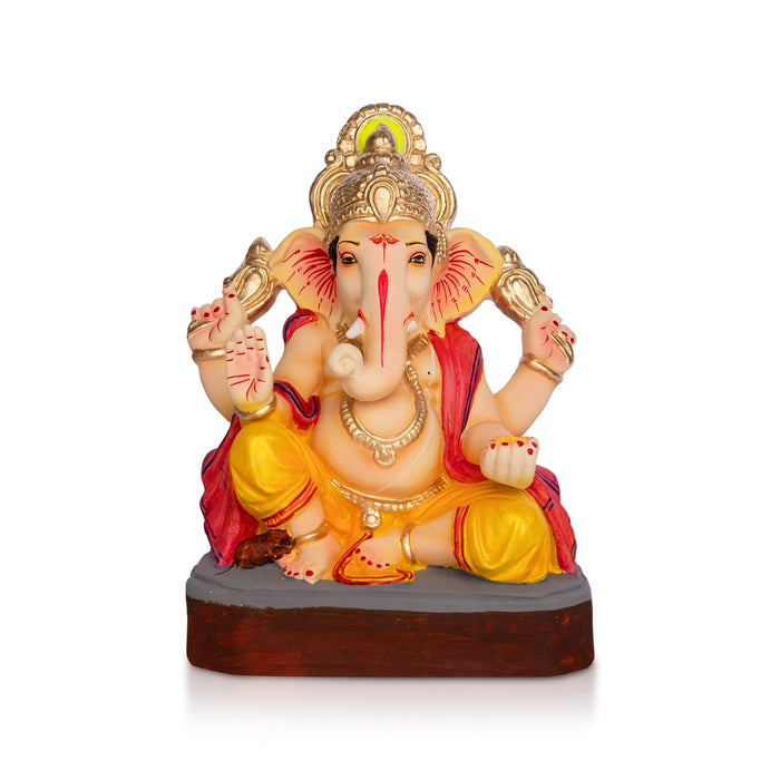 Sitting Ganesh Murti- 10 x 7 Inches | Clay Sculpture/ Right Trunk Vinayaka Statue With Crown/ Ganapati Chaturthi