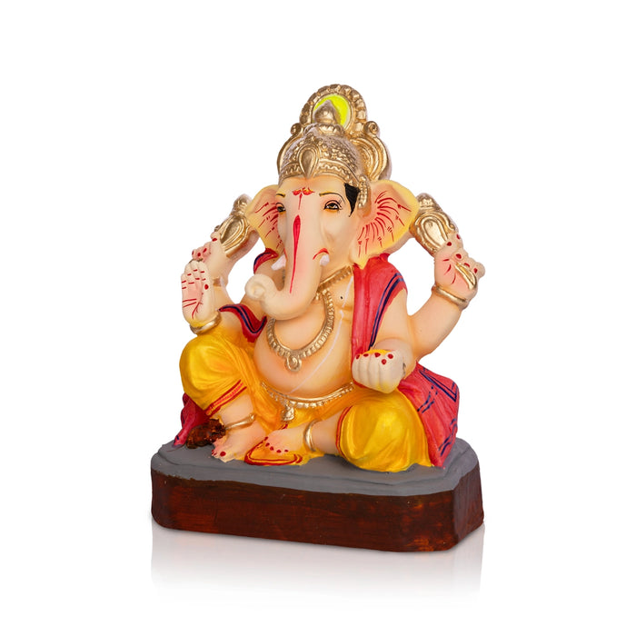 Sitting Ganesh Murti- 10 x 7 Inches | Clay Sculpture/ Right Trunk Vinayaka Statue With Crown/ Ganapati Chaturthi