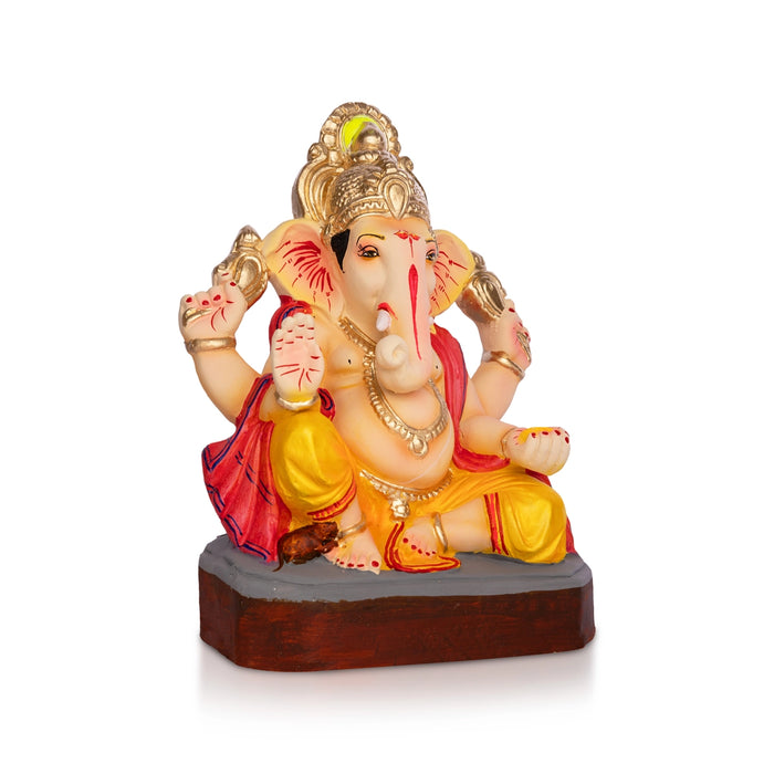 Sitting Ganesh Murti- 10 x 7 Inches | Clay Sculpture/ Right Trunk Vinayaka Statue With Crown/ Ganapati Chaturthi