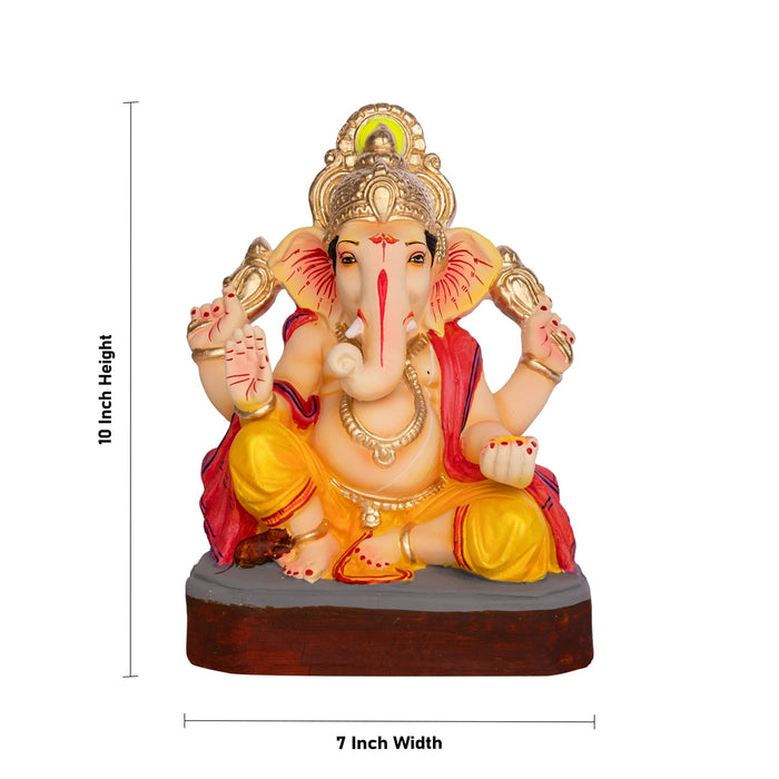 Sitting Ganesh Murti- 10 x 7 Inches | Clay Sculpture/ Right Trunk Vinayaka Statue With Crown/ Ganapati Chaturthi