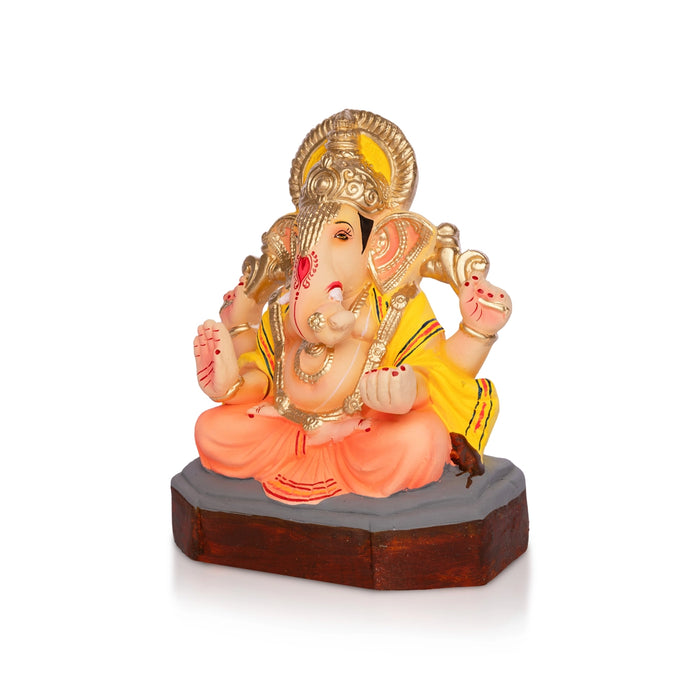 Sitting Ganesh Murti- 10 x 7.5 Inches | Clay Sculpture/ Left Trunk Vinayaka Statue With Crown/ Ganapati Chaturthi