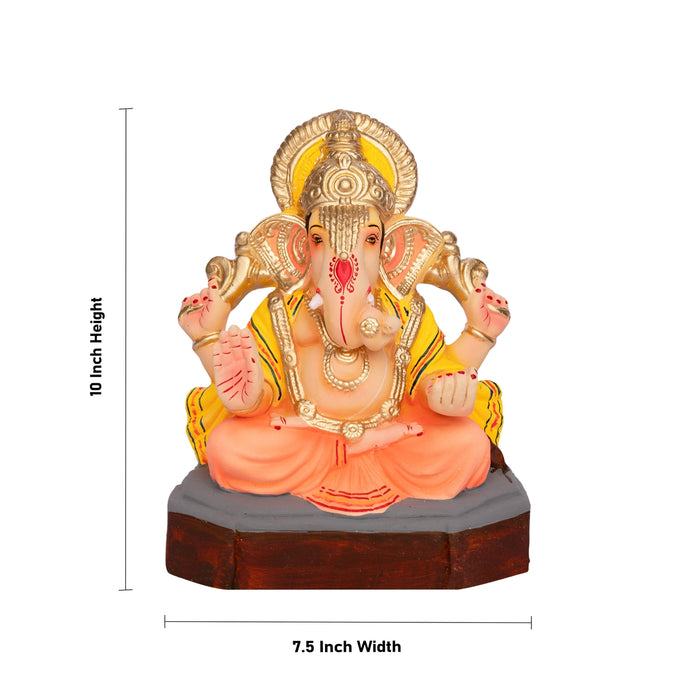 Sitting Ganesh Murti- 10 x 7.5 Inches | Clay Sculpture/ Left Trunk Vinayaka Statue With Crown/ Ganapati Chaturthi