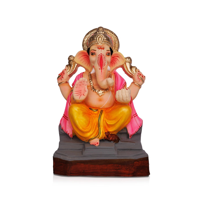 Sitting Ganesh Murti- 12 x 6.5 Inches | Clay Sculpture/ Left Trunk Vinayaka Statue With Crown/Ganapati Chaturthi