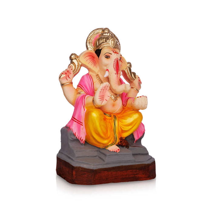 Sitting Ganesh Murti- 12 x 6.5 Inches | Clay Sculpture/ Left Trunk Vinayaka Statue With Crown/Ganapati Chaturthi